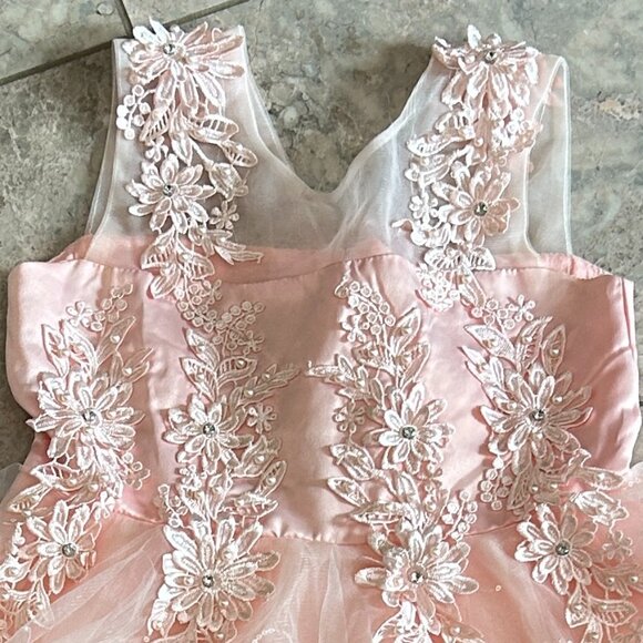 150 Girls Pink Princess Flower Girl Dress Tulle Layers Satin Bodice Pearls Fancy - Picture 6 of 7